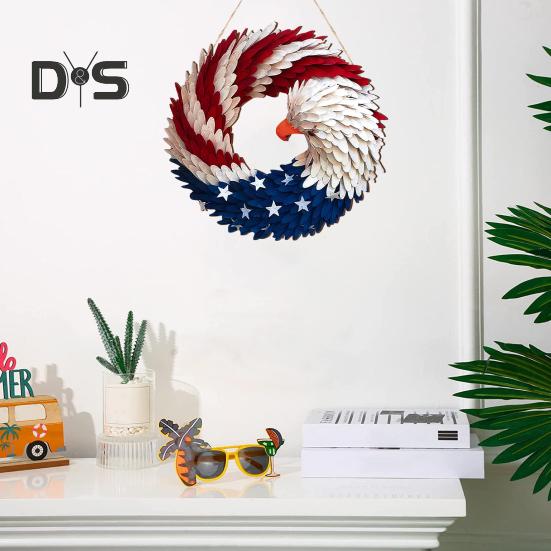 Patriotic Eagle Wreath 4th of July Wooden Decoration Indoor Outdoor Front Door Wall Hanging Independence Day Memorial Day Door Sign Pendant