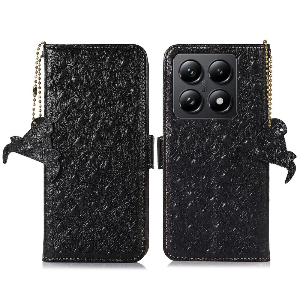 For Xiaomi 14T Case RFID Blocking Genuine Cow Leather Phone Case Ostrich Texture