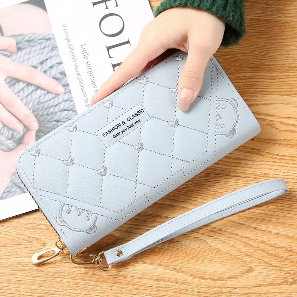 Fashion PU Leather Long Wallet Zipper Large Capacity Coin Purse Embroidery Wristlet Handbag Women