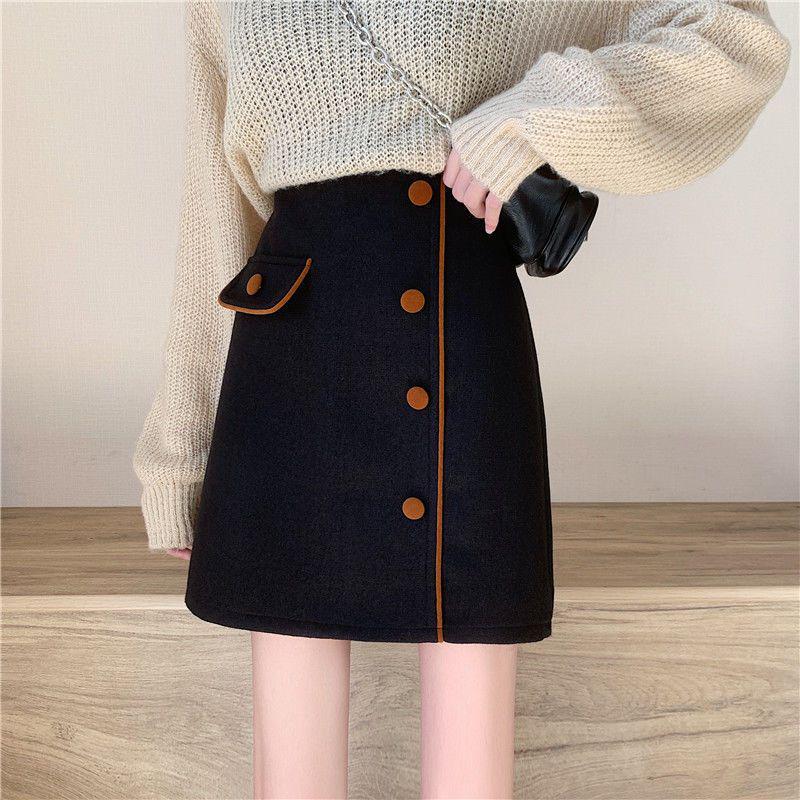 2025 Wollrock mit hoher Taille in A-Linie, unregelmäßiger Schnitt - Damen Übergröße, einreihig, schlankmachender kurzer Rock für Herbst/Winter