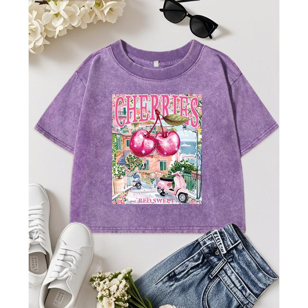 Cherries Red Sweet Town Scenery Print Women Washed T-Shirt Casual Crop T Shirt Summer Cotton Clothes Short Sleeve
