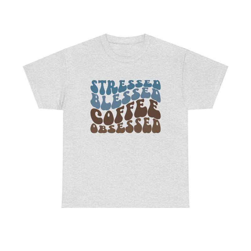 Stressed Blessed Coffee Obsessed T Shirt Retro 70s Vibe Caffeine Lover Funny