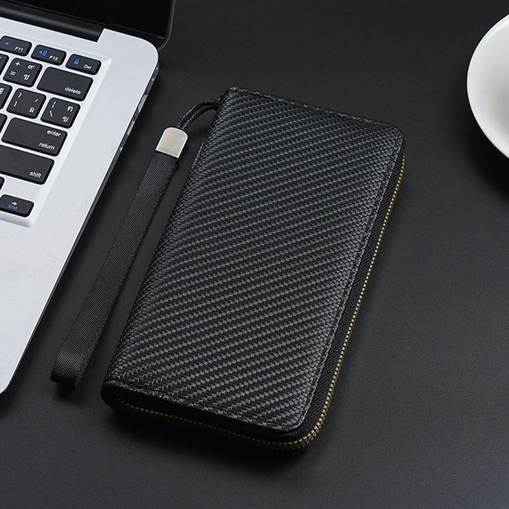 

New Zipper Buckle Long Wallet Solid Color PU Leather Money Clip Minimalist Carbon Fiber Multi-Slot Card Holder Men чёрный