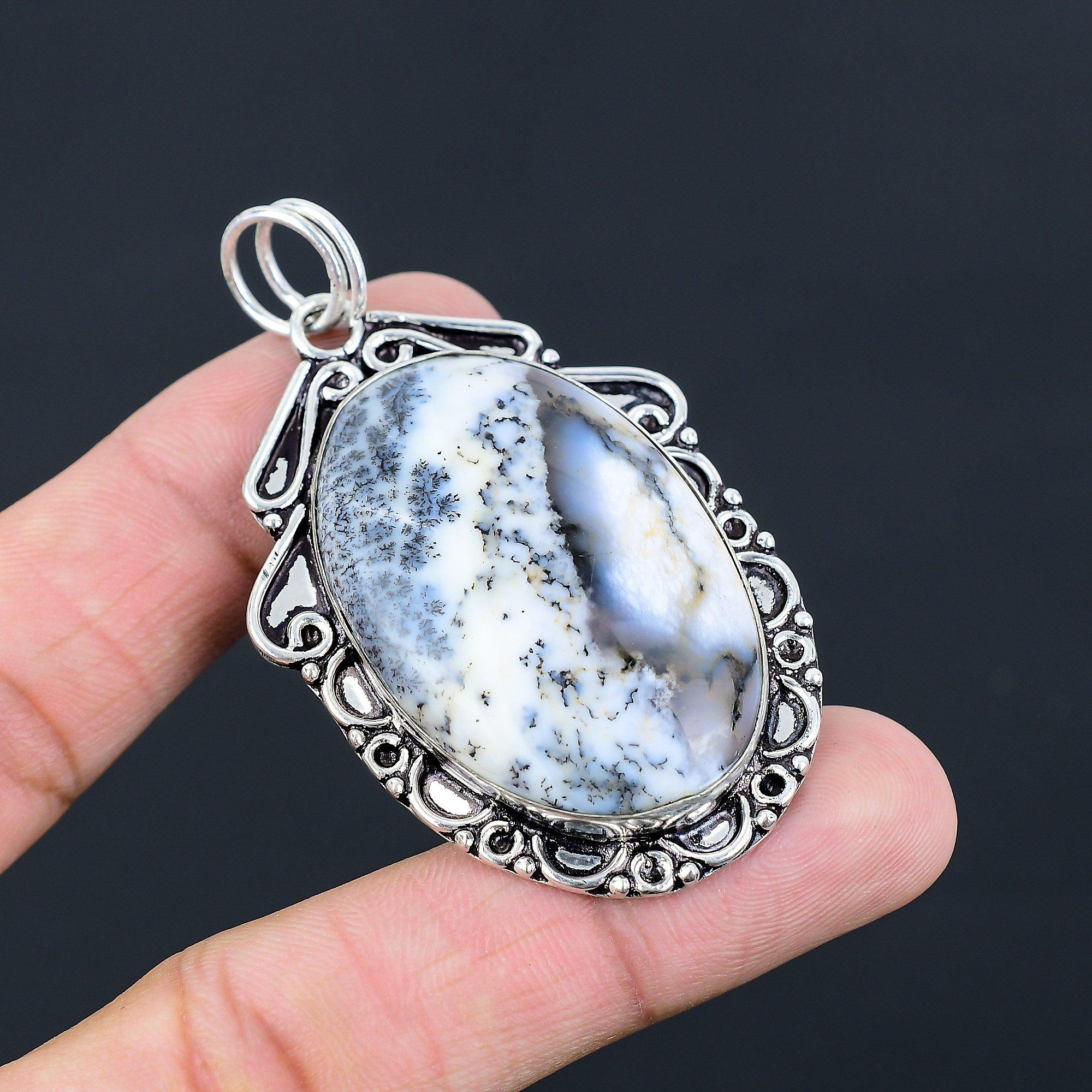 Овальный натуральный опал дендритный 925 пробы Серебро Сестра Оправа Ар-деко Бохо Подвеска Украшение