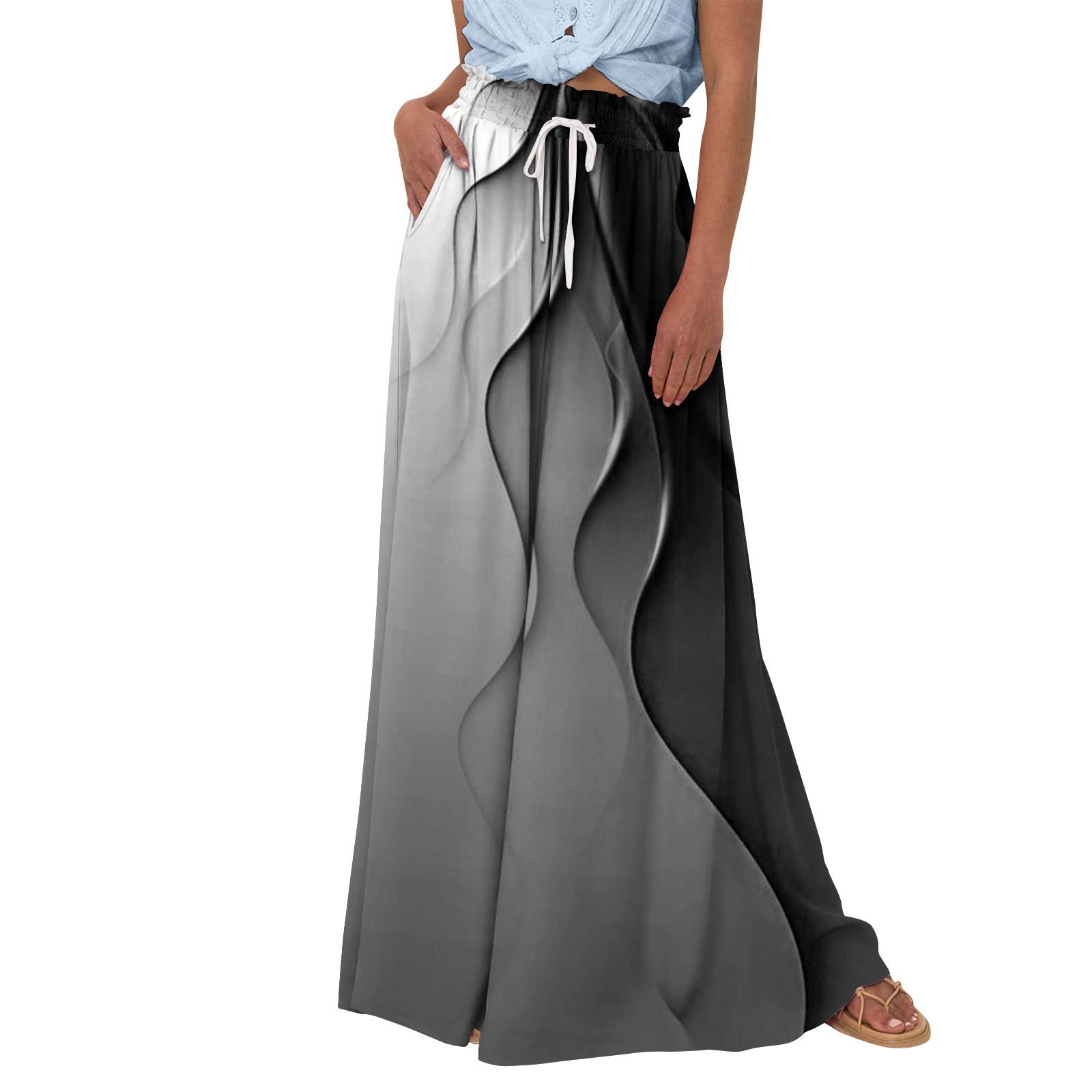 

Женские широкие брюки с высокой талией, летние повседневные струящиеся брюки-палаццо, пляжные брюки с принтом и карманом L чёрный