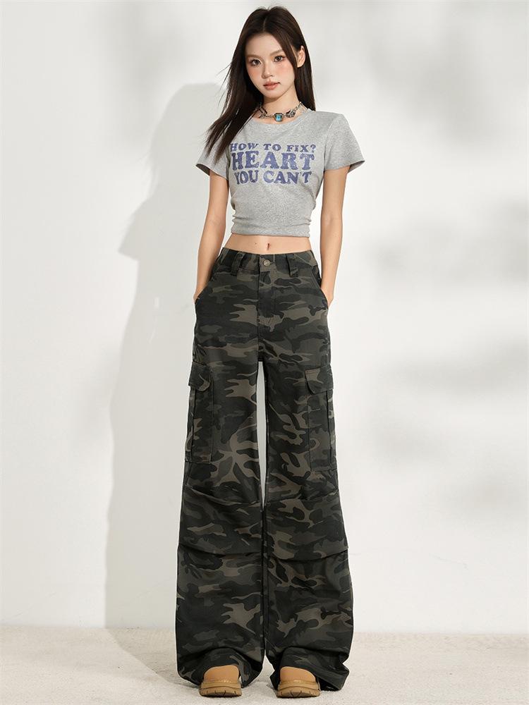 Women's American Style Spicy Camouflage Multi-Pocket Wide-Leg Jeans - Early Autumn 2025
