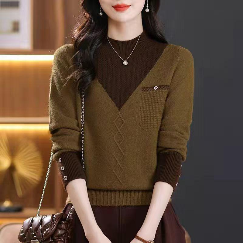Medium mother bottoming shirt, semi-turtleneck color matching sweater, new autumn and winter models with thickened knitted tops