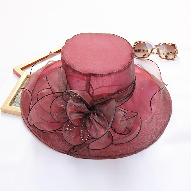 Vintage Organzový Klobouk s Širokou Krempou pro Ženy Klobouk k Církevním Šatům Svatební Klobouk Květinová Síťovina Sluneční Klobouk Párty Plážové Čepice