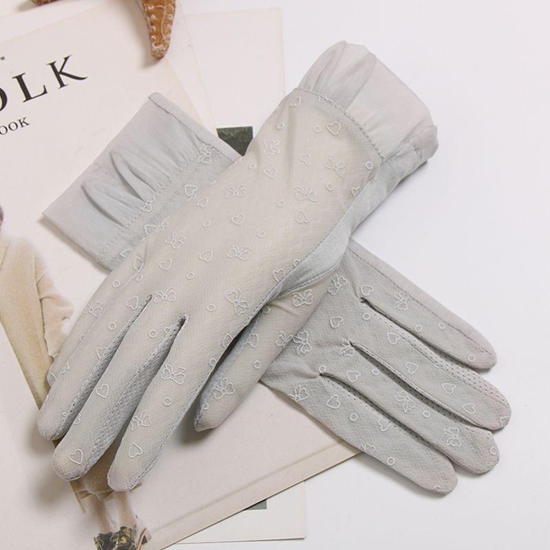 

Летние ледяные шелковые модальные перчатки от солнца для пальцев, милые девичьи, с ушками кролика и бантом в виде сердца, легкие, дышащие Gray One size