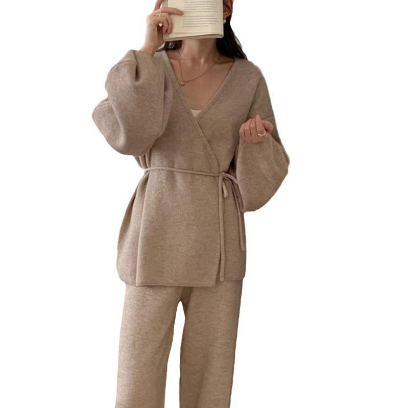 A New Autumn and Winter Fashion Sweater Set with A Laid-back Style for Women, Featuring A Retro Knitted Cardigan and Wide-leg Pants