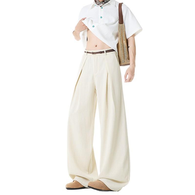 Summer thin imitation linen casual pants Japanese retro pleated loose wide-leg pants old money wind cleanfit trousers