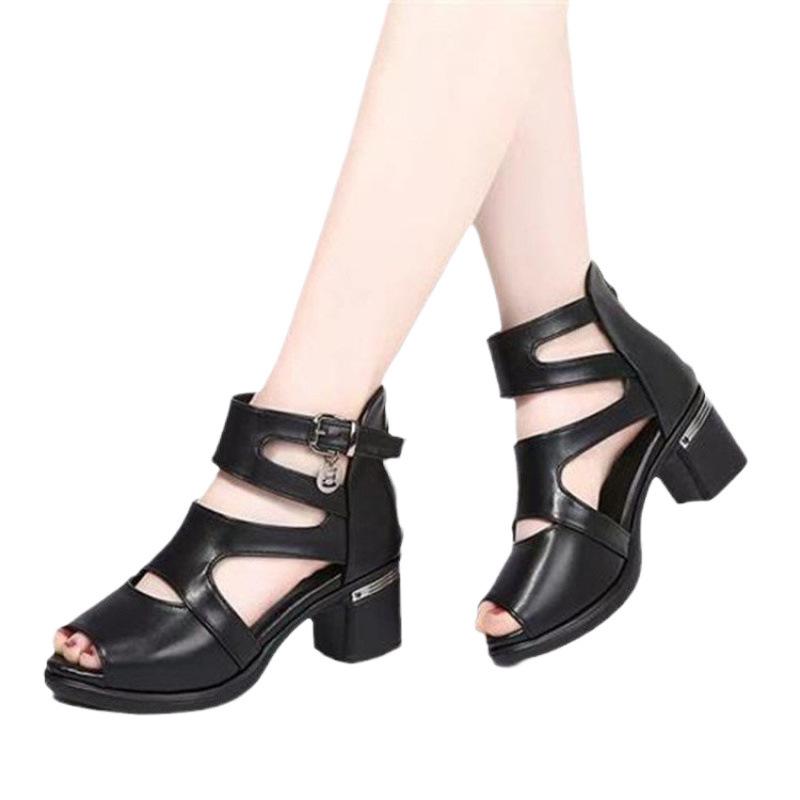 Large size thick heel fish mouth sandals women's 2025 summer new mother sandals platform-soled casual fashion high-top open-toed women's shoes