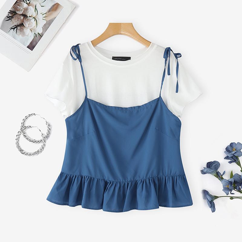 

ZANZEA Женская повседневная блузка с коротким рукавом, пэчворк, имитация двух частей 5XL синий