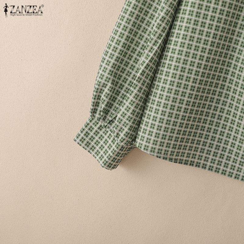 ZANZEA Women Grid Print Casual V-neck Loose Long Sleeve Blouse