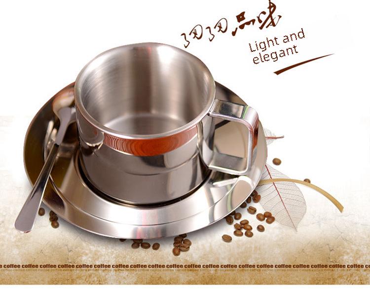 Ensemble de tasses à café double couche en acier inoxydable 304 avec soucoupe et cuillère (Anti-brûlure, isolé)