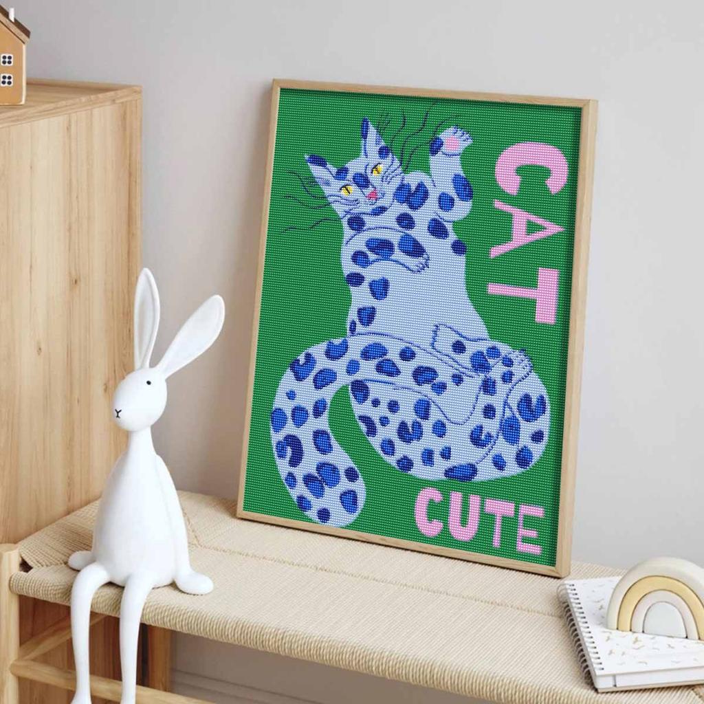 5D Full Round Diamond Painting Kit Cute Blue Spotted Cat Retro Green Background Animal Wall Art
