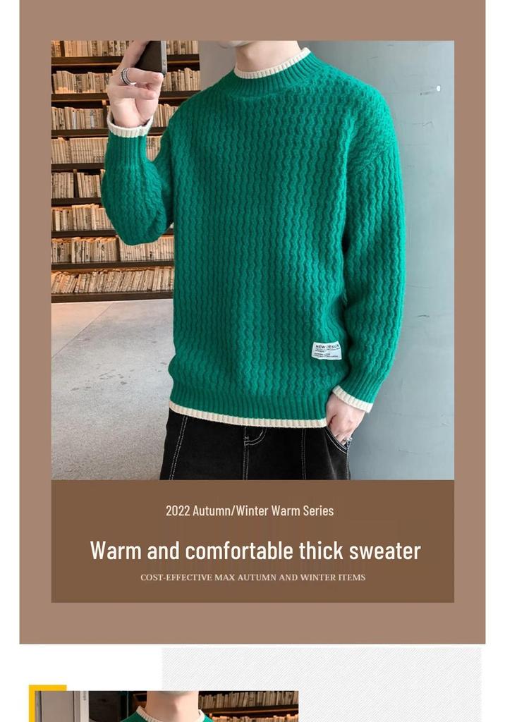 Men's Trendy Plus Velvet Thick Knitwear - Warm, Loose, Plain Color, Round Neck