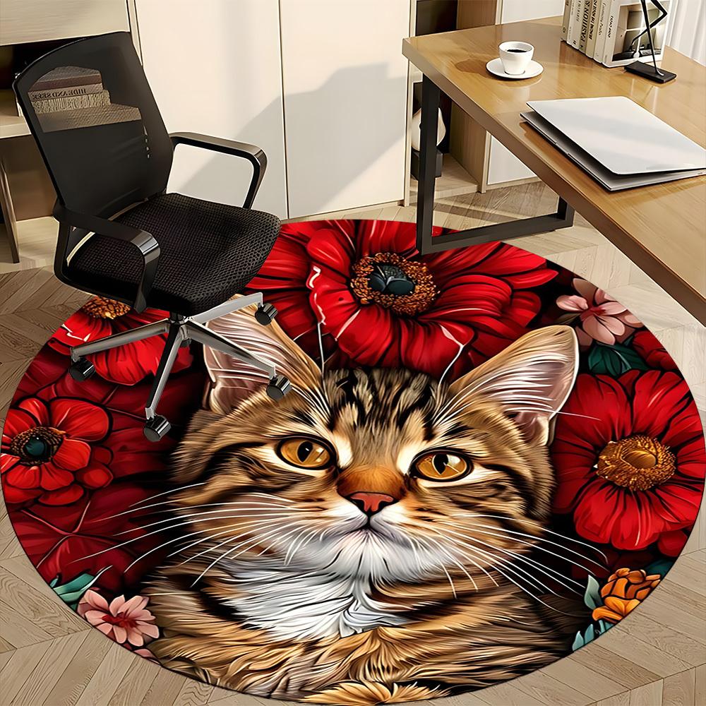 1pc Cat Portrait Chair Carpet for Office, Round Non-Slip Durable Large Size Office Carpet, Suitable for Office, Beautiful Decoration