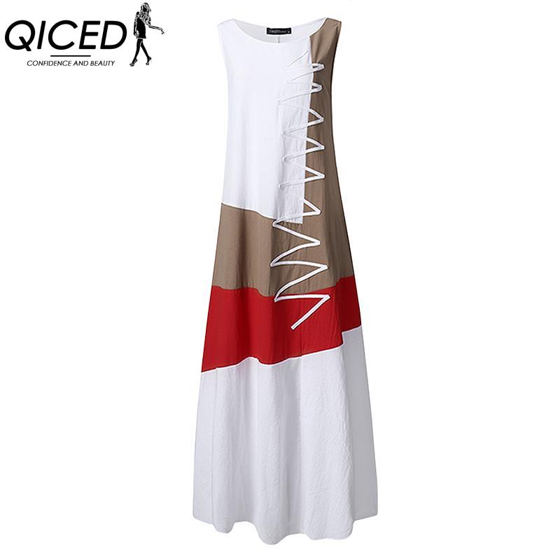 QICED Women Cotton Sleeveless O-Neck Summer Vintage Print Long Dress