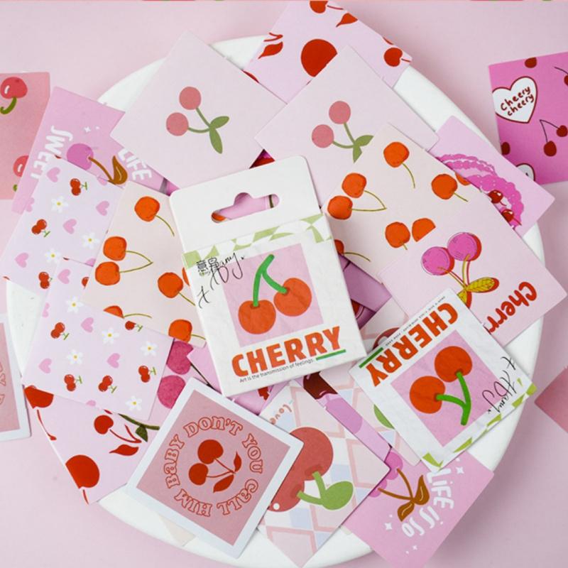 46 pcs/Box Cartoon Cute Cherry Stickers, Fruit Journal Diary Stickers Luggage Notebook Headset Cup Water Bottle Sticker