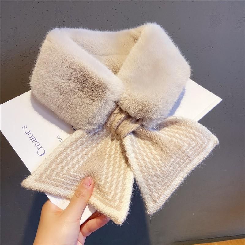 Women Winter Warm Thicken Cross Collar Neck Warmer Solid Color Faux Rabbit Fur Plush Elegant Knitted Shawl Scarfs