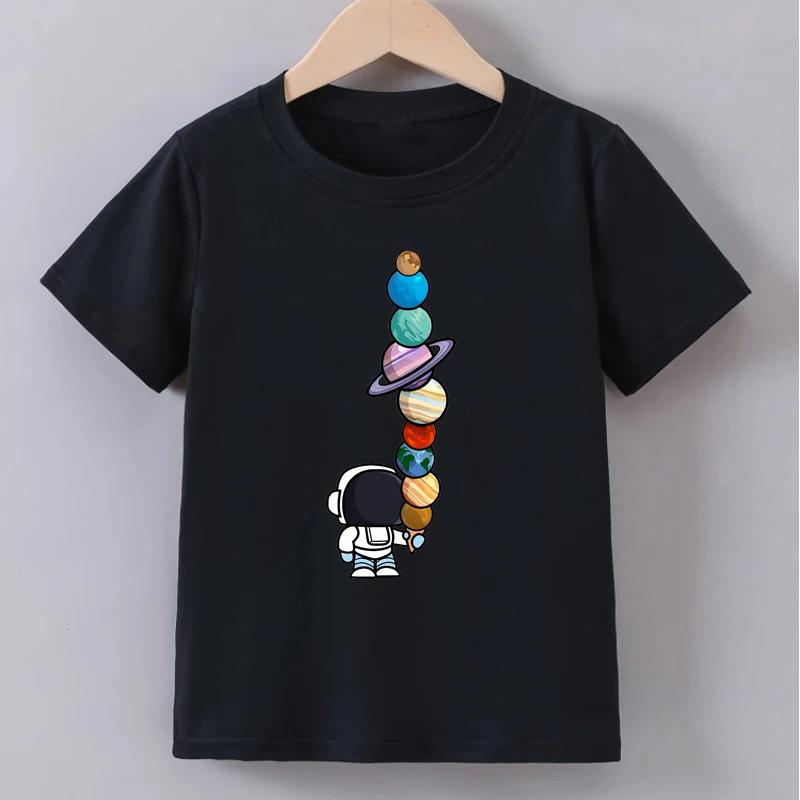 Teenage astronaut Planeet printed T-shirt summer boy fashionable casual fun round neck short sleeved children's color top T-shirt