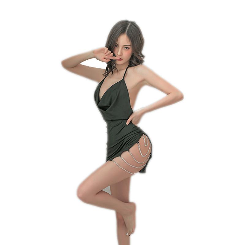 Sexy Underwear Neck Suspender Skirt Sexy Internet Celebrity Side Open Chain Backless Skirt Seduction Pajama Skirt