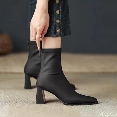 Fashion Square Ankle Boots Autumn Comfortable Soft High Heel Boots Women's Fashion Zipper Simple Temperament Women's Shoes