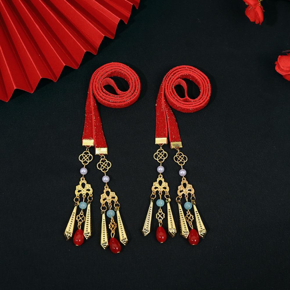 Tassel Satin Red Long Headband Butterfly Chinese Long Hairband Sweet New Year Hair Rope  Festival