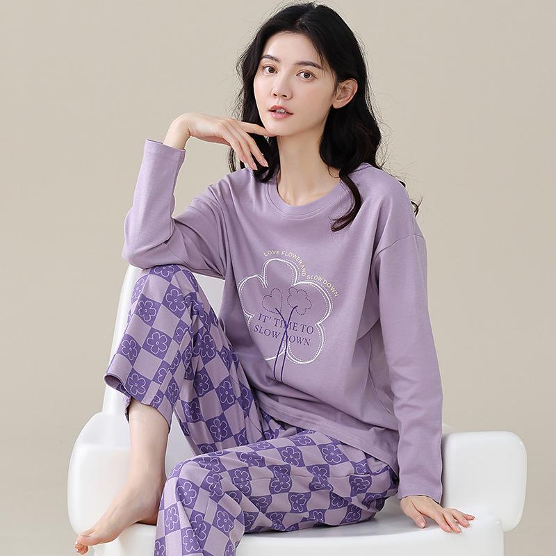 Aifen Teng Women's Pajamas Set: Pure Cotton, Long Sleeve, Long Pants, Casual Home Wear, Suitable for Spring, Autumn, and Winter.