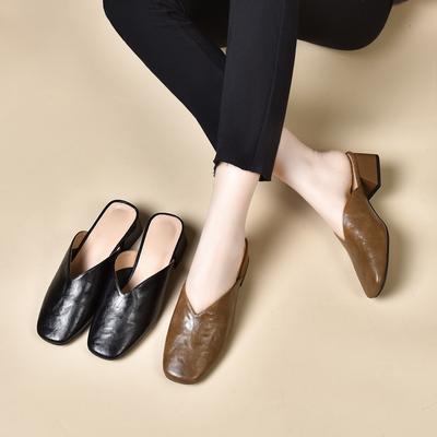 Baotou Slippers Women's Outer Wear Summer Square Head Simple Temperament Medium Heel Thick Heel Cool Slippers Lazy Drag