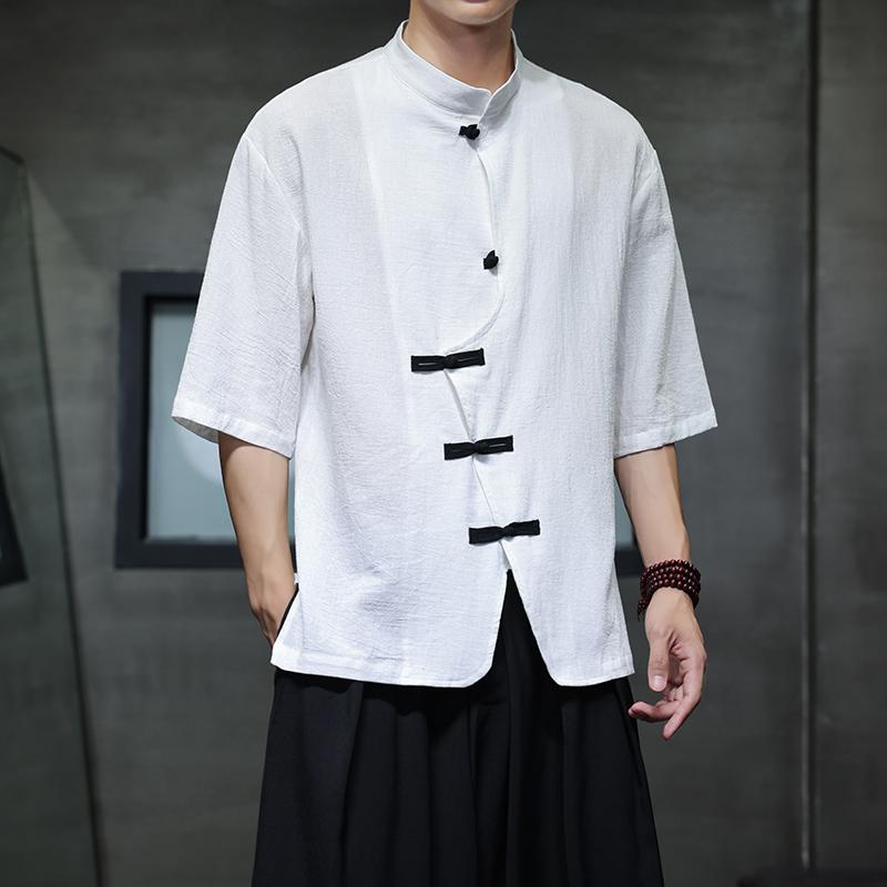 Men Cotton Linen Shirt Summer Light Thin Short Sleeved Top Streetwear Loose Oversize Casual Chinese Style Shirt Tang Suit Hanfu