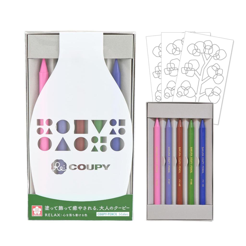 Sakura RELAX Colored Pencils with Coloring Cray-Pas Re-Coupy Cards, FY5RE-C