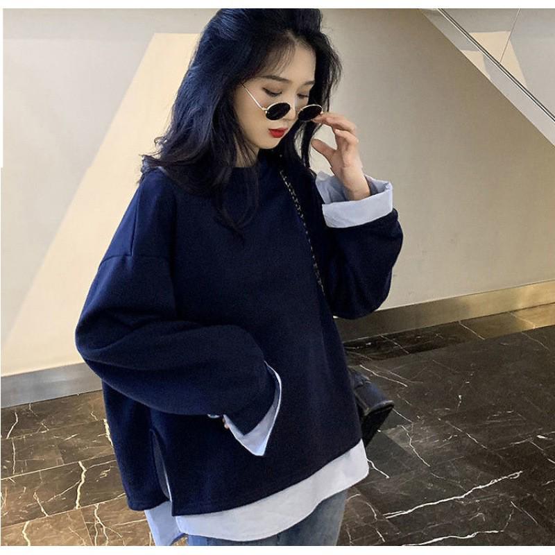 Maternity Sweatshirt Two-Piece Set: Chic Retro Dark Blue Top for Spring/Autumn M [45-55 kg]