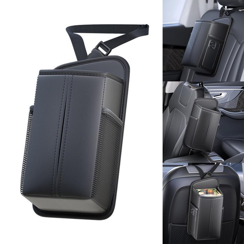 Front Seat Car Tissue Box Can Hold Mobile Phones And Cards Tissue Holder Headrest Organizer With 2 Side Mesh Pockets Leather