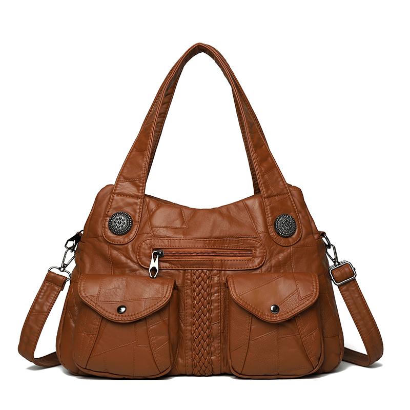 Women's Brown Textured Leather Hobo Bag Braided Detail Multi-Pocket Crossbody Shoulder Bag Fashion Casual Daily Handbag