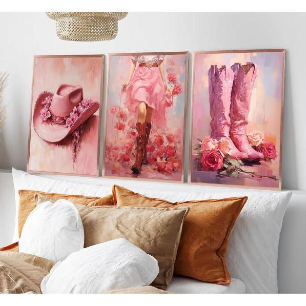 3pcs Pink Cowgirl Canvas Wall Art Funky Cowgirl Boots Posters Prints Paintings Western Flower Boots Hat Aesthetic Pictures Wall Decor for Preppy Room