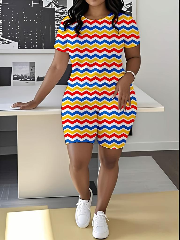 Striped code European and American women's clothing checkered printing T-shirt shorts set sports suit