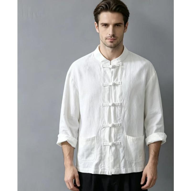 

Mens Traditional Chinese Style Cotton Linen Tang Suit Shirt M білий