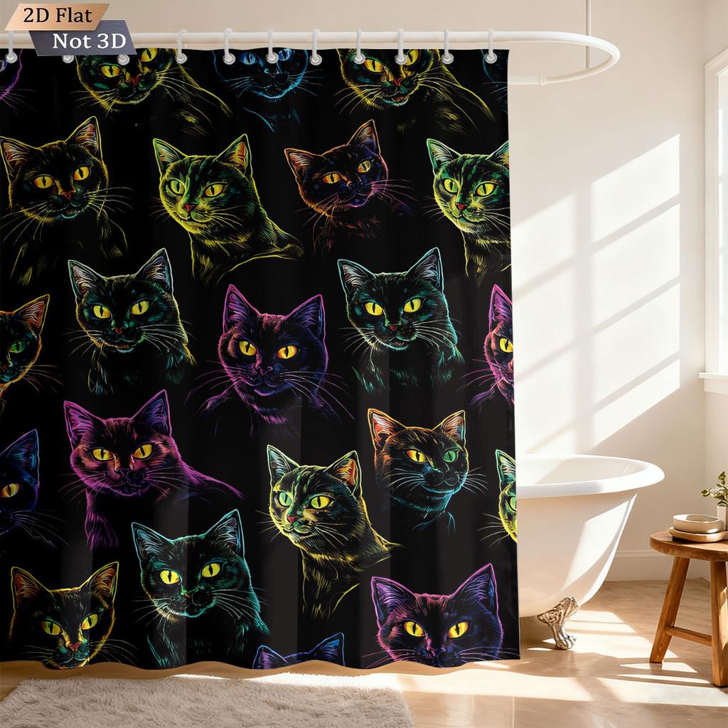 1Pc Cartoon Cute Cat Printed Waterproof Bathroom Partition With 12 Hooks For Privacy Shower Curtain, Available In Various Sizes