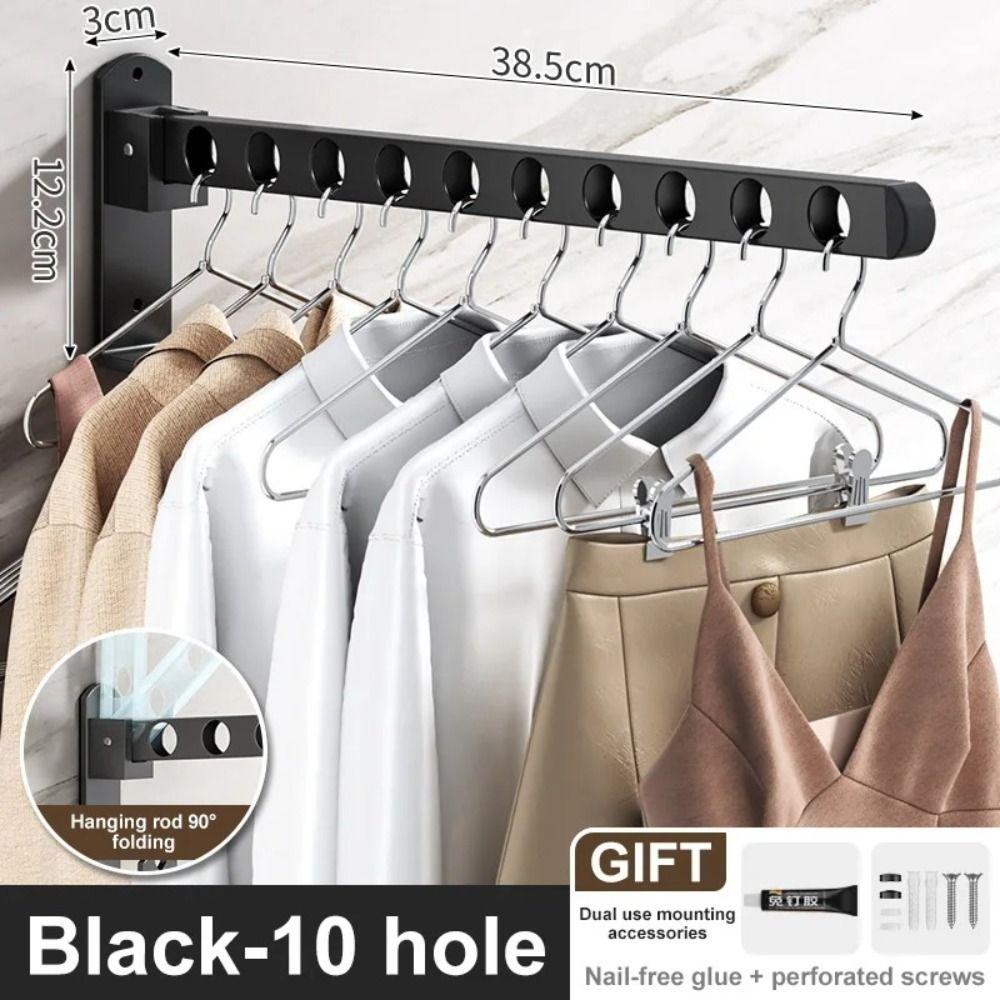 Black Stainless Steel Wall-Mounted Clothes Hanger Durable Folding Home Balcony Storage Hanger Closet Retractable Hook
