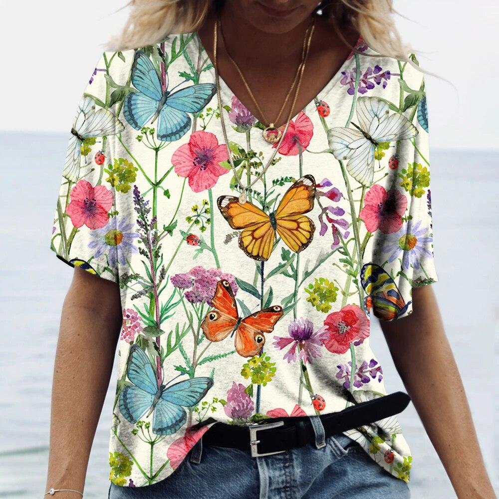 

Женская футболка с индивидуальным цветочным принтом, повседневная и модная, с V-образным вырезом, короткие рукава. 8xl