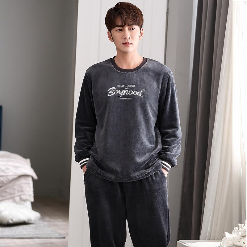 Flannel Pajamas Men'S Autumn And Winter Pullover To Keep Warm Winter Fleece Thickened Coral Fleece Men'S Loungewear Set