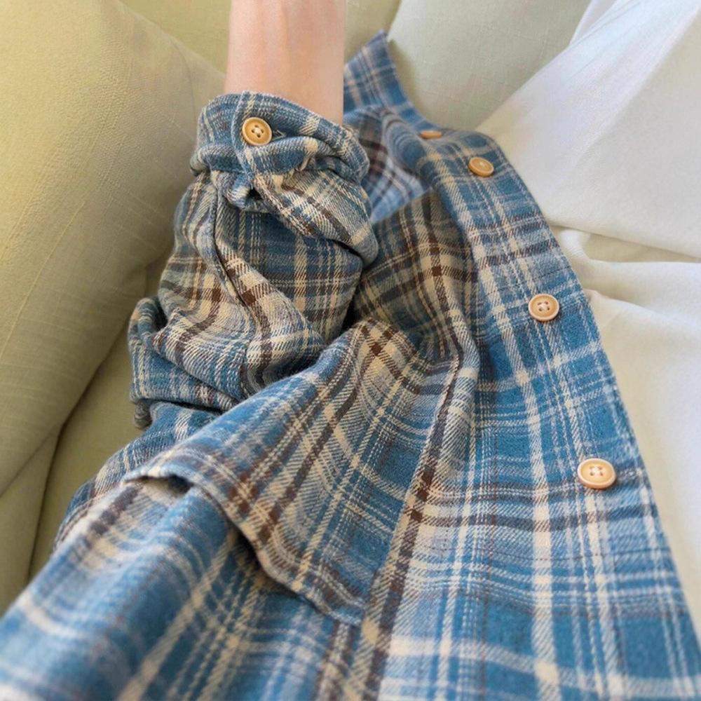 2025 Women's Retro Blue Plaid Shirt Jacket - Loose Fit, Long Sleeve for Spring & Autumn