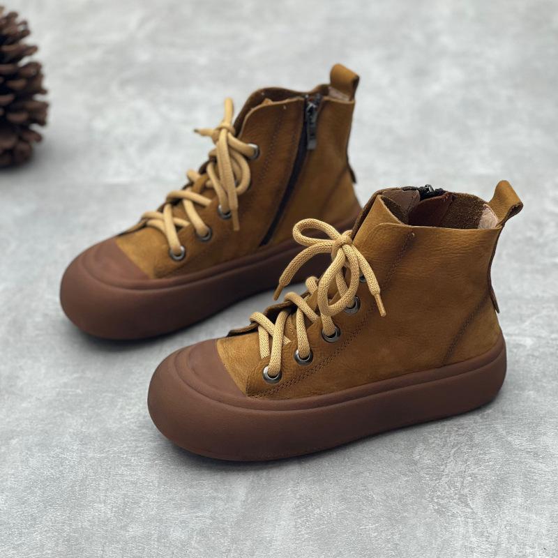 Johnature Vintage členkové čižmy z pravej kože s hrubou podrážkou, ležérne čižmy z hovädzej kože, dámske ploché topánky na platforme