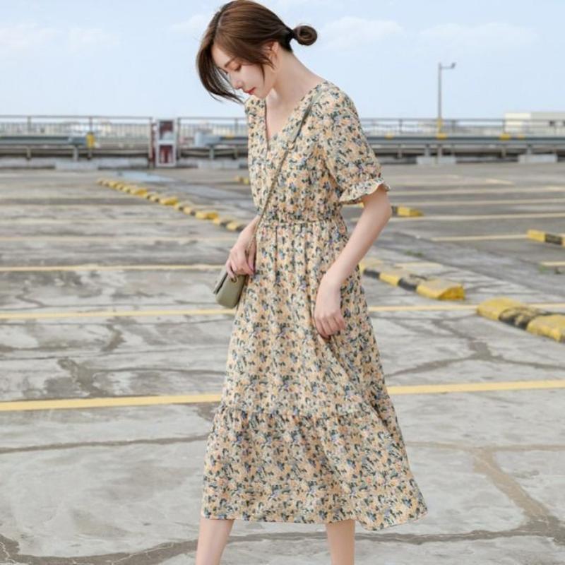 Vestido francés de gasa con cuello en V y flores, versión coreana de verano, cintura oculta, elegante, suelto, talla grande