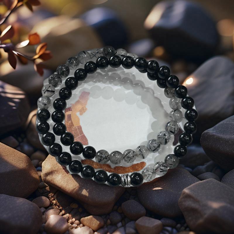 Small Bead Double-Layer Bracelet, Black Series Bracelet, Natural Black Obsidian and Black Rutilated Quartz Bracelet, Gift for Women, Men, and Couples