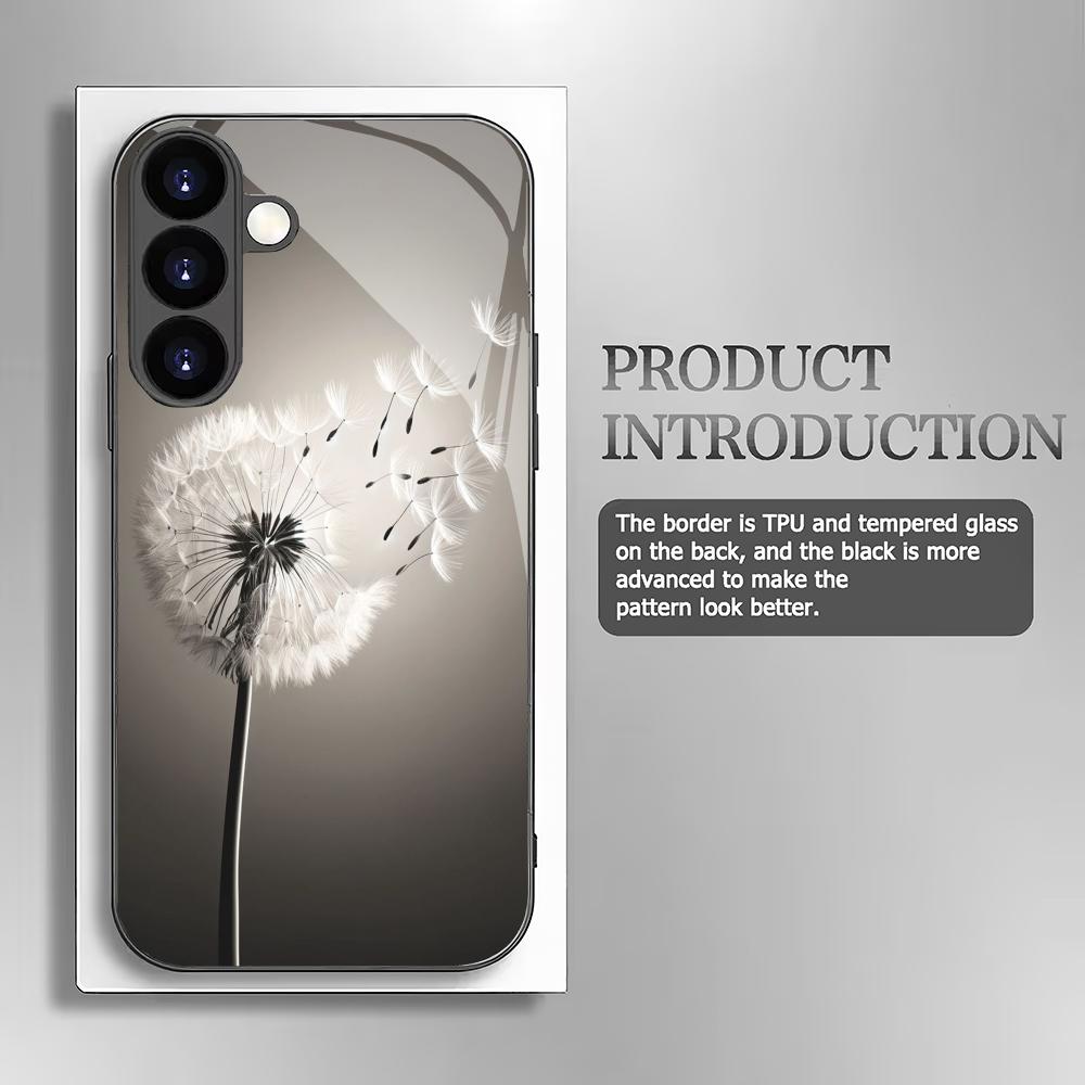 Dandelion pattern tempered glass phone case suitable for Samsung GalaxyS26 S25 S24 S23 S22 S20FE/Ultra/Plus anti drop back cover