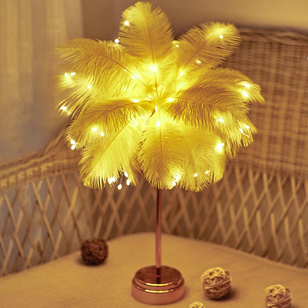 34cm Feather Decor Atmosphere Lamp Rechargeable Romantic Desk Decor Lamp Versatile Warm White for Party Wedding Christmas Decor