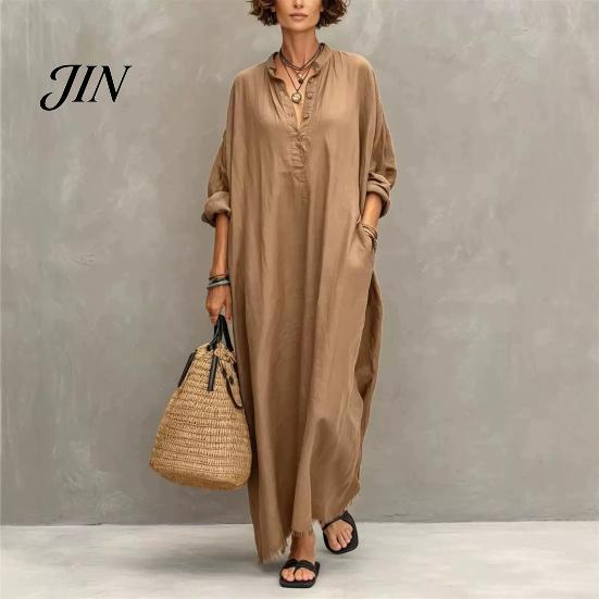 Women Summer Party Dress Maxi for Women, V-Neck Casual Oversized Boho Long Comfortable Daily Wear Dress, Sleeve Button Up Vacation Sundress